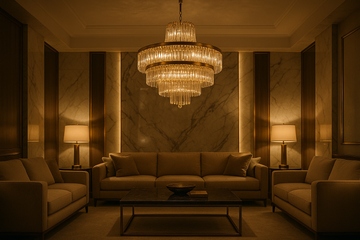 A luxurious chandelier hanging in a modern living room, soft warm light, marble textures, gold and brass accents, high-end interior design, symmetrical composition, 1:1 ratio, cinematic lighting.