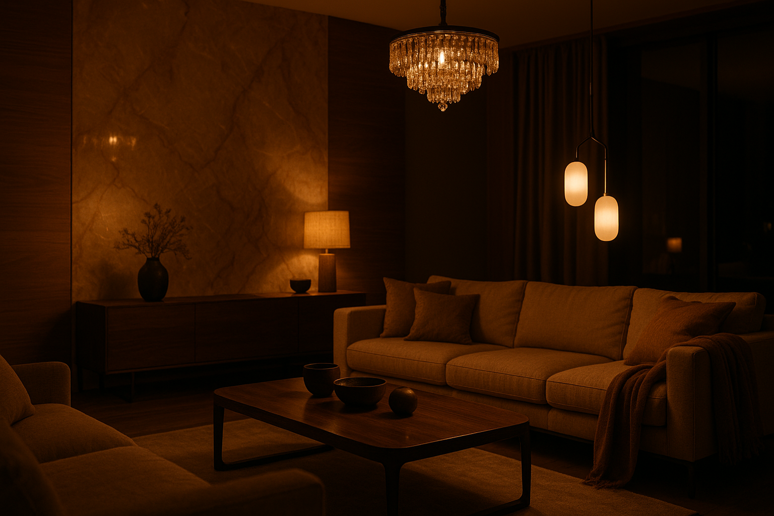 A cozy modern living room softly lit by elegant chandeliers and pendant lights, warm golden tones, evening ambiance, luxurious interior with marble and wood textures, subtle reflections, depth of field, cinematic lighting, widescreen 16:9 ratio.slider_item_Qm3TQd