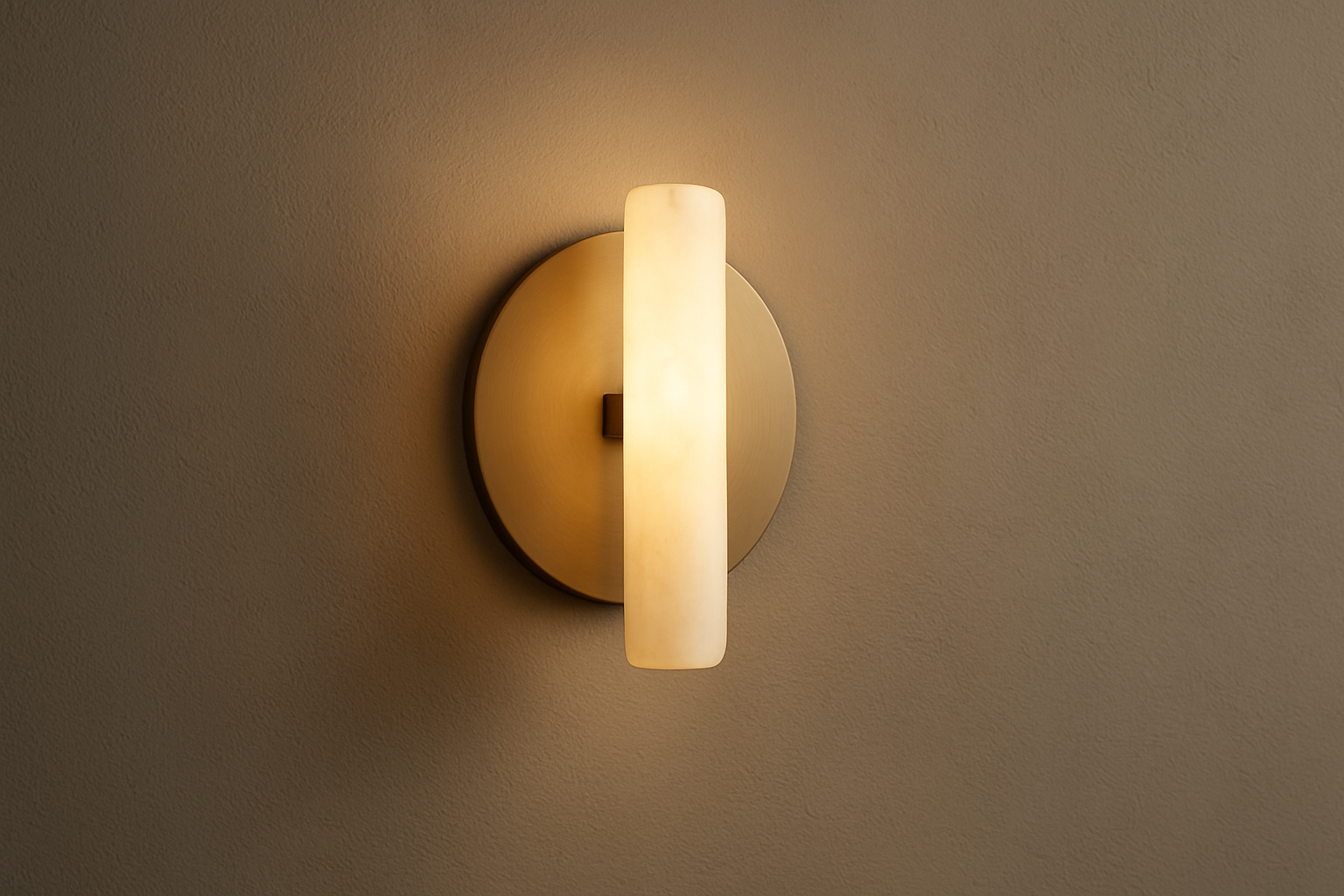 A modern wall sconce on a textured wall, warm ambient glow, minimalist luxury interior, matte brass or alabaster material, elegant soft lighting, balanced composition, 1:1 ratio.