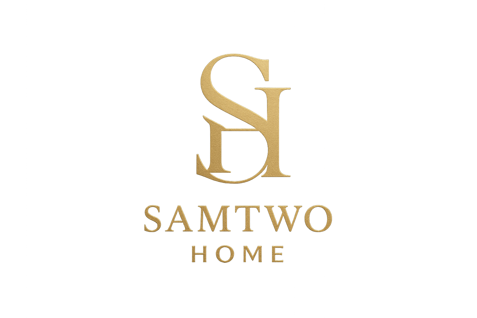 elegant minimalist logo featuring intertwined letters "S" and "H" forming a refined monogram, for the brand name "SAMTWO HOME", luxury lighting company style, gold on dark background, smooth metallic texture, modern serif font, balanced geometry, high-end home decor brand aesthetic, soft warm light reflection, centered layout, 1:1 ratio, logo design.